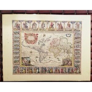 World Map by Jansson 1632 Mid Century Repro Donald Art Co 11"x14"Paper On Board